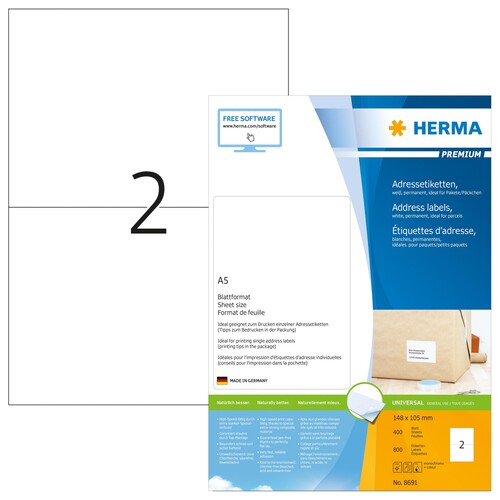 Adress-Etiketten Inkjet+Laser+Kopier 148,5x105mm auf A5 Bögen weiß Herma 8691 (PACK=800 STÜCK) Produktbild
