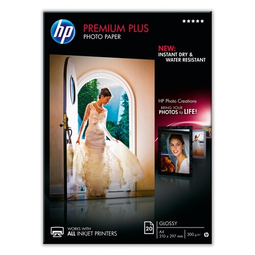 HP Fotopapier Premium Plus CR672A DIN A4 300g weiß 20 Bl./Pack. (PACK=20 STÜCK) Produktbild Front View L