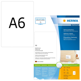 Adress-Etiketten PREMIUM Inkjet+Laser+ Kopier 105x148mm auf A6 Bögen weiß Herma permanent 8689 (PACK=800 STÜCK) Produktbild