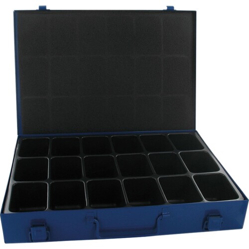Sortimentskasten Blech 18Fächer 340x240x50mm Schaumstoffpolster blau Produktbild Front View L