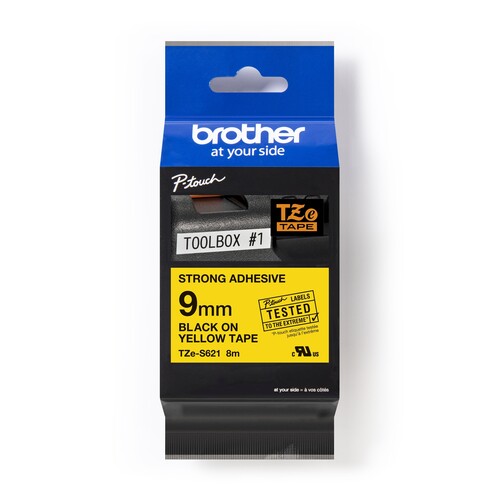 Schriftband extra stark klebend 9mm/8m schwarz auf gelb laminiert Brother TZe-S621 Produktbild Front View L