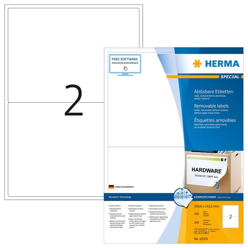Etiketten Inkjet+Laser+Kopier 199,6x143,5mm auf A4 Bögen Movables weiß wiederablösbar Herma 10314 (PACK=200 STÜCK) Produktbild