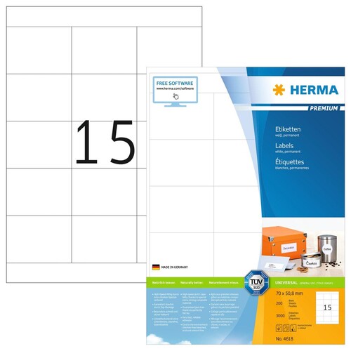 Etiketten PREMIUM Inkjet+Laser+Kopier 70x50,8mm auf A4 Bögen weiß permanent Herma 4618 (PACK=3000 STÜCK) Produktbild