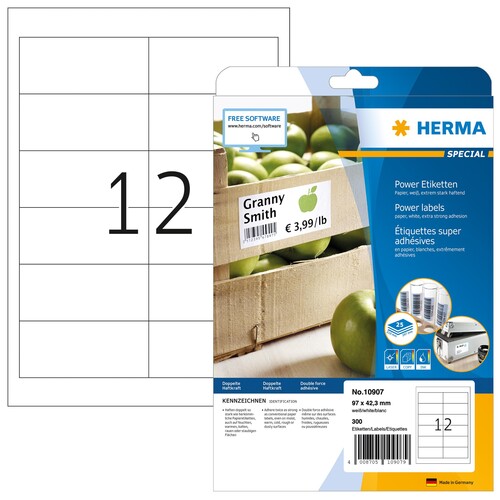 Etiketten Inkjet+Laser+Kopier 97x42,3mm auf A4 Bögen weiß extrem stark haftend Herma 10907 (PACK=300 STÜCK) Produktbild