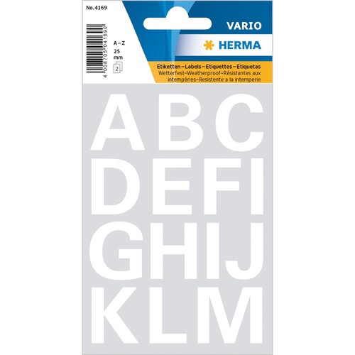 Buchstaben-Etiketten A-Z 25mm weiß wetterfest Herma 4169 (PACK=28 STÜCK) Produktbild