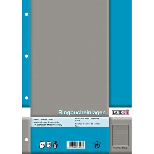 Ringbucheinlagen A4 Lineatur 21 liniert 70g weiß holzfrei Landré 100050483 (PACK=50 BLATT) Produktbild Additional View 1 L