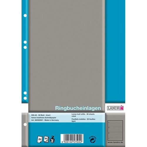 Ringbucheinlagen gelocht A5 Lineatur 4 liniert 70g weiß holzfrei Landré 100050495 (PACK=50 BLATT) Produktbild Additional View 1 L