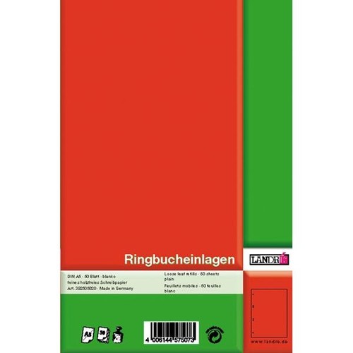 Ringbucheinlagen gelocht A5 Lineatur 6 blanko 70g weiß holzfrei Landré 100050494 (PACK=50 BLATT) Produktbild Additional View 1 L