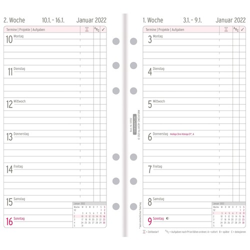Chronoplan 50552 Kalendereinlage 2022 96x172mm Wochenplan im Midi Format Tag