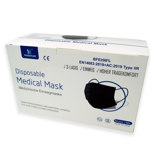 Mund- und Nasenmaske / OP-Maske schwarz 3-lagig zert. EN14683:2019 Typ II R Produktbild Additional View 2 L