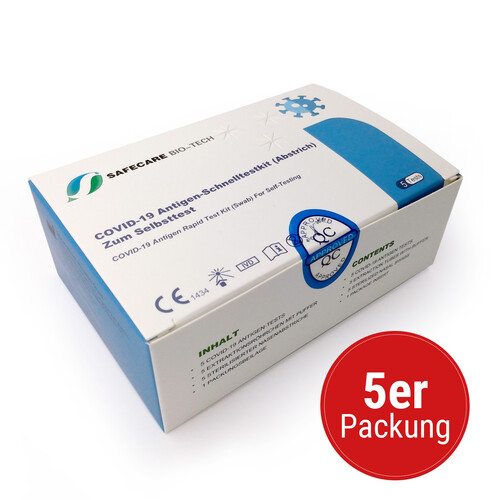 Corona Laientest Einzeltest / Nasal 5er Safecare Biotech CE1434 /  AT006/22 / MDH 02/2024 Produktbild