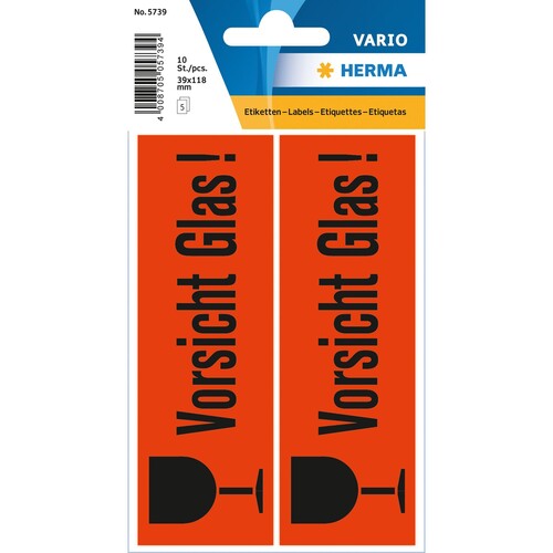 Hinweisetiketten VORSICHT GLAS 118x38mm leuchtrot/schwarz Herma 5739 (BTL=10 STÜCK) Produktbild
