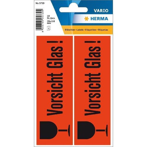 Hinweisetiketten VORSICHT GLAS 118x38mm leuchtrot/schwarz Herma 5739 (BTL=10 STÜCK) Produktbild Additional View 1 L