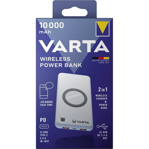 Akku Powerbank Wireless 3,7V/10.000mAh weiss Power Delivery VARTA 57913101111 2xUSB-A/1xUSB-C, QC 3.0 Produktbild Front View L