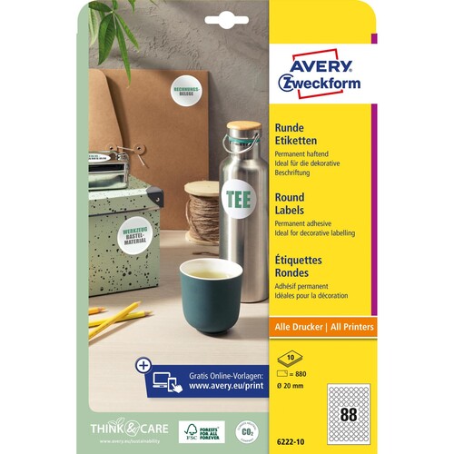 Etiketten Laser Ø 20mm auf A4 Bögen weiß Zweckform 6222-10 (PACK=880 STÜCK) Produktbild Additional View 1 L
