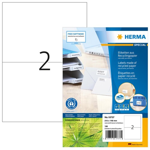 Etiketten Inkjet+Laser+Kopier recycling 210x148mm auf A4 Bögen Herma weiß 10737 (PACK=160 STÜCK) Produktbild