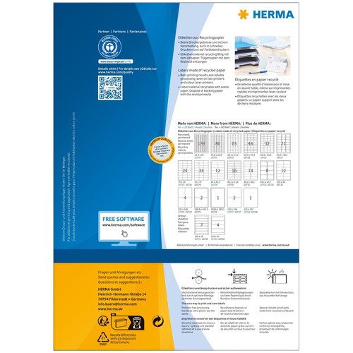 Etiketten Inkjet+Laser+Kopier recycling 210x148mm auf A4 Bögen Herma weiß 10737 (PACK=160 STÜCK) Produktbild Additional View 1 L