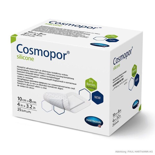 Cosmopor silicone Wundverband steril 10 x 8 cm (25 Stck.) (PACK=25 STÜCK) Produktbild Front View L