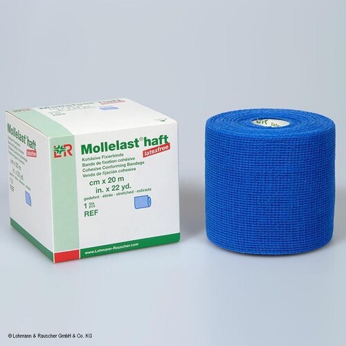 Mollelast haft color latexfrei Fixierbinde blau, 20 m x 8 cm Produktbild Front View L