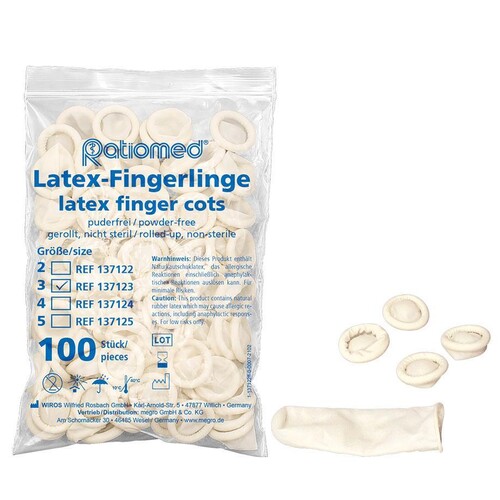 Fingerlinge ratiomed Latex M Gr. 3 (100 Stck.) (BTL=100 STÜCK) Produktbild Front View L