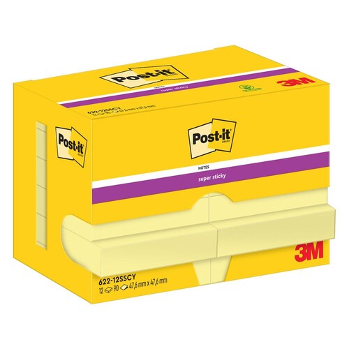 Haftnotizen Post-it Super Sticky Notes 48x48mm gelb Papier 3M 622-12SSCY (PACK=12x 90 BLATT) Produktbild