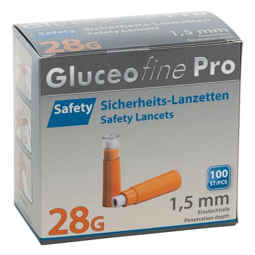 Gluceofine Pro Safety Sicherheits- lanzetten 28 G x 1,5 mm (100 Stck.) (PACK=100 STÜCK) Produktbild