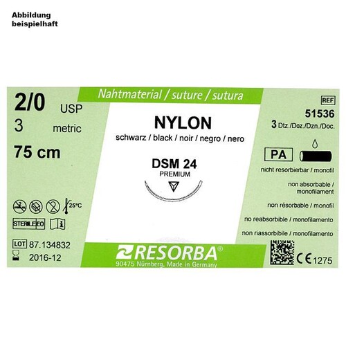 NYLON DSM 18 3/0=2 schwarz monofil, Nahtmaterial Fadenlänge 45 cm (36 Stck.) (PACK=36 STÜCK) Produktbild Front View L
