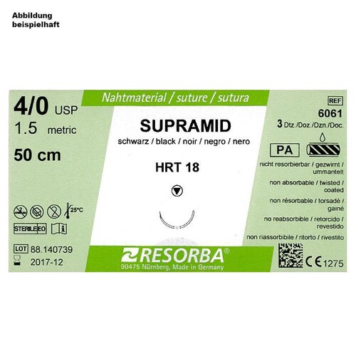 SUPRAMID HRT 18 4/0=1,5 schwarz, Nahtmaterial Fadenlänge 75 cm (36 Stck.) (PACK=36 STÜCK) Produktbild Front View L