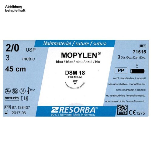 MOPYLEN DSM 18 3/0=2 blau monofil, Nahtmaterial Fadenlänge 45 cm (36 Stck.) (PACK=36 STÜCK) Produktbild Front View L