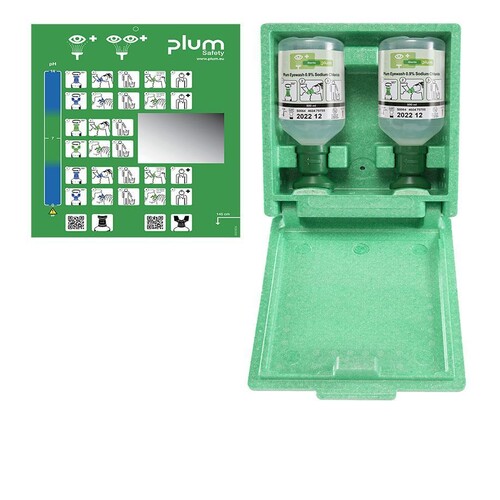 Plum Augenspülstation mit 2 Flaschen, in Wandbox mit separater Piktogrammtafel mit Spiegel Produktbild Front View L
