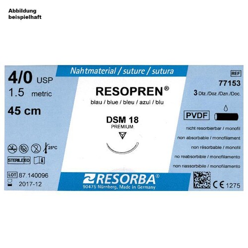 RESOPREN DSM 18 5/0=1 blau monofil, Nahtmaterial Fadenlänge 45 cm (36 Stck.) (PACK=36 STÜCK) Produktbild Front View L
