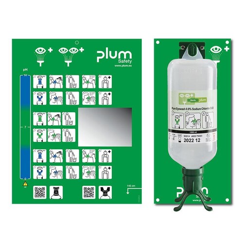 Plum Augenspülstation Duo mit 1 Flasche inkl. Wandhalter, Piktogramm und Spiegel Produktbild Front View L