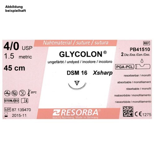 GLYCOLON DSM 16 4/0=1,5 ungefärbt, Nahtmaterial Fadenlänge 45 cm (24 Stck.) (PACK=24 STÜCK) Produktbild Front View L