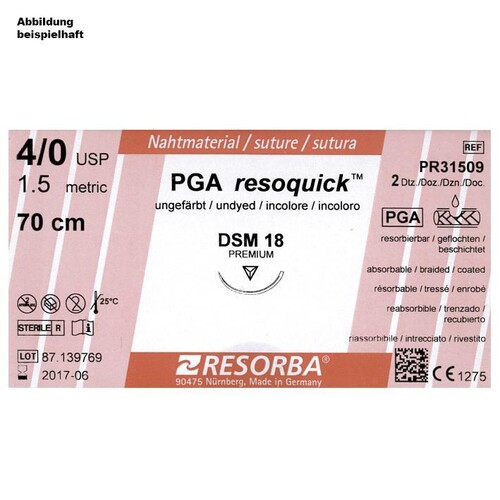 PGA-RESOQUICK DSM 18 4/0=1,5, ungefärbt, Nahtmaterial Fadenlänge 70 cm (24 Stck.) (PACK=24 STÜCK) Produktbild Front View L