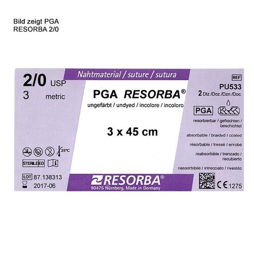 PGA-RESORBA 3/0=2, violett geflochten, Nahtmaterial Fadenlänge 3x45cm (24Stck.) (PACK=24 STÜCK) Produktbild Front View L