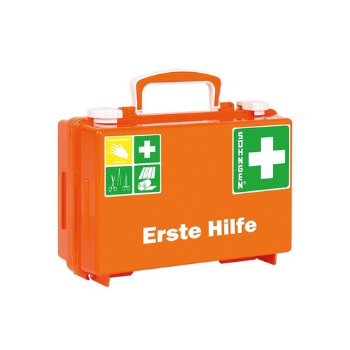 Erste-Hilfe Koffer QUICK-CD mit Füllung Standard DIN 13157, orange mit Wandhalterung Produktbild