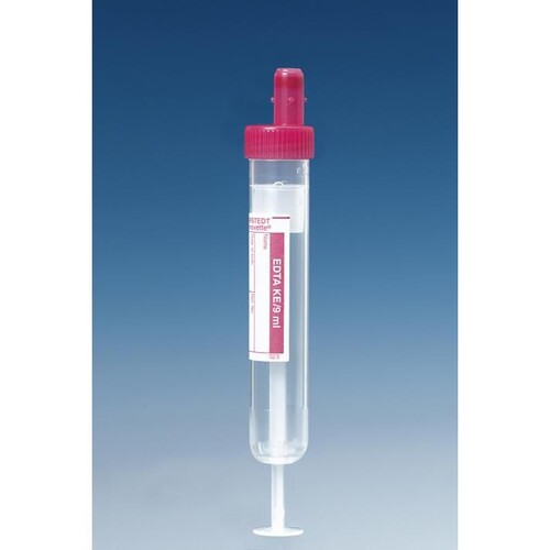 S-Monovetten 9 ml, 92 x 16 mm, K3 EDTA, Papieretikett, steril (50 Stck.) (PACK=50 STÜCK) Produktbild Front View L