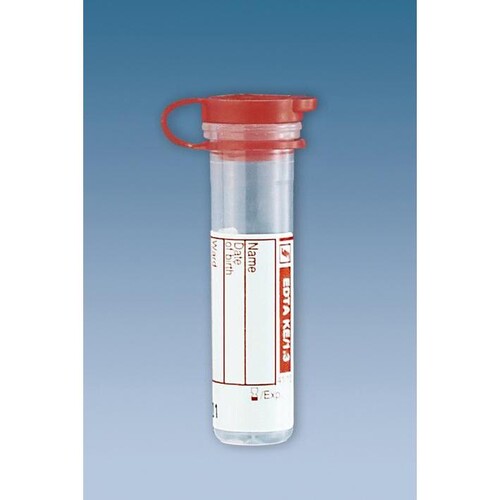 Mikro-Probengefäße 1,3ml K3 EDTA mit Eindrückstopfen (1000 Stck.) mit transparentem Kunststoffetikett (KTN=1000 STÜCK) Produktbild Front View L