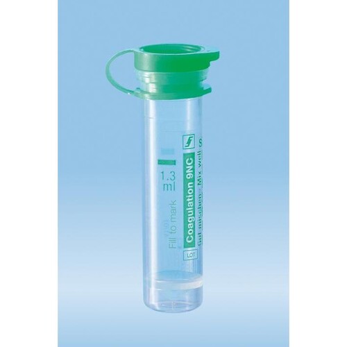 Mikro-Probengefäße 1,3 ml Citrat 3,2 % mit Eindrückstopfen (1000 Stck.) mit transparentem Kunststoffetikett (KTN=1000 STÜCK) Produktbild Front View L
