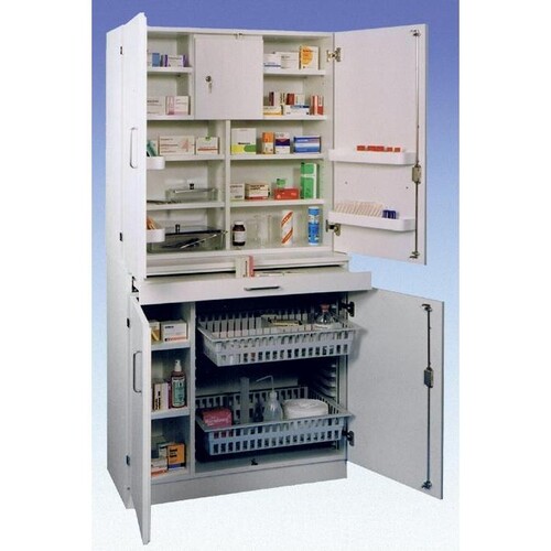 Medikamenten- und Verbandmittelschrank weiß mit Holztüren Produktbild Front View L
