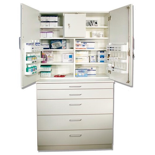 Medikamenten- und Verbandmittelschrank weiß mit Holztüren Produktbild Front View L