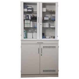 Medikamenten- und Verbandmittelschrank weiß mit Glastüren und Kühlschrank Produktbild