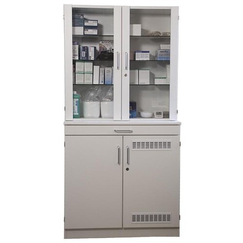 Medikamenten- und Verbandmittelschrank weiß mit Glastüren und Kühlschrank Produktbild Front View L