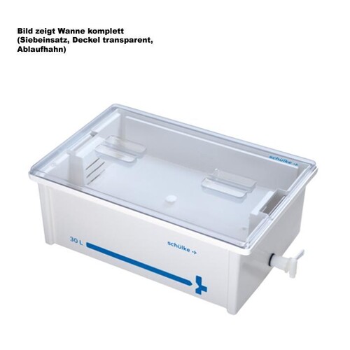 Instrumentenwanne 30 Ltr. kpl. mit Siebeinsatz und Deckel transparent mit Ablaufhahn Produktbild Front View L