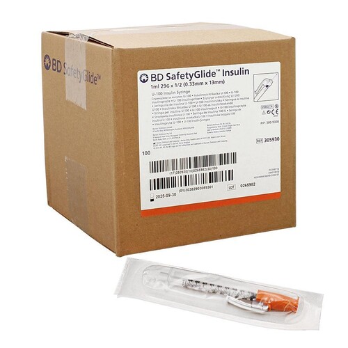 BD SafetyGlide Insulinspritzen 1 ml mit Kanüle 0,33 x 12,7 mm (100 Stck.) (PACK=100 STÜCK) Produktbild Front View L