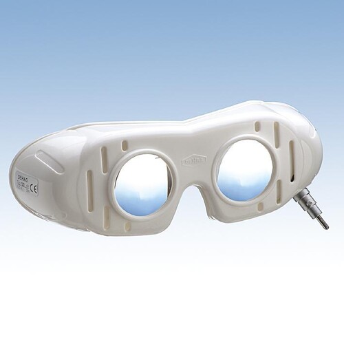 Nystagmusbrille nach Blessing mit Bajonettverschluss, Batteriegriff und festen Gläsern Produktbild Front View L