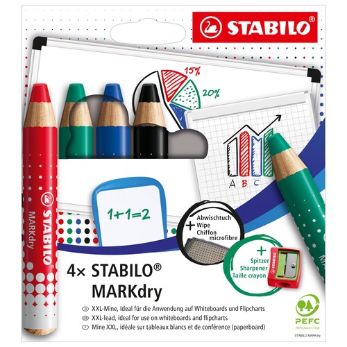 Whiteboardmarker MARKdry Etui sortiert m. Spitzer + Abwischtuch Stabilo 648/4-5 (SET=4 STÜCK) Produktbild Front View L