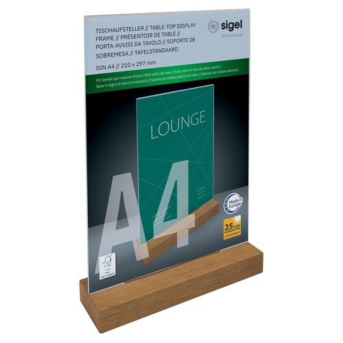 Tischaufsteller gerade für beidseitige Präsentation A4 glasklar Acryl Sigel mit Holzsockel TA256 Produktbild Additional View 1 L