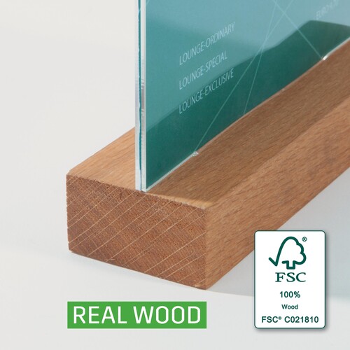Tischaufsteller gerade für beidseitige Präsentation A6 glasklar Acryl Sigel mit Holzsockel TA252 Produktbild Default L