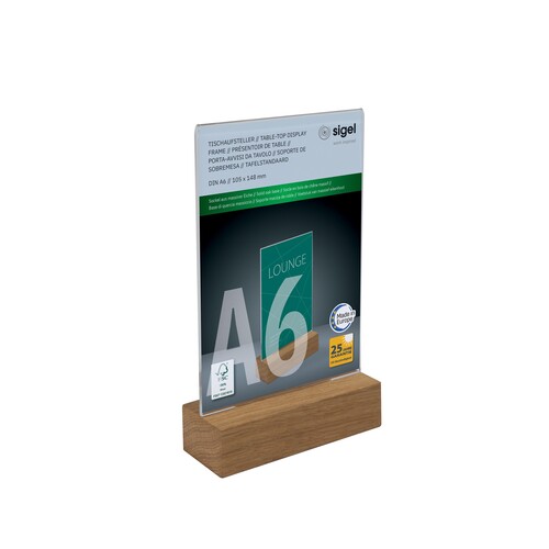 Tischaufsteller gerade für beidseitige Präsentation A6 glasklar Acryl Sigel mit Holzsockel TA252 Produktbild Additional View 1 L